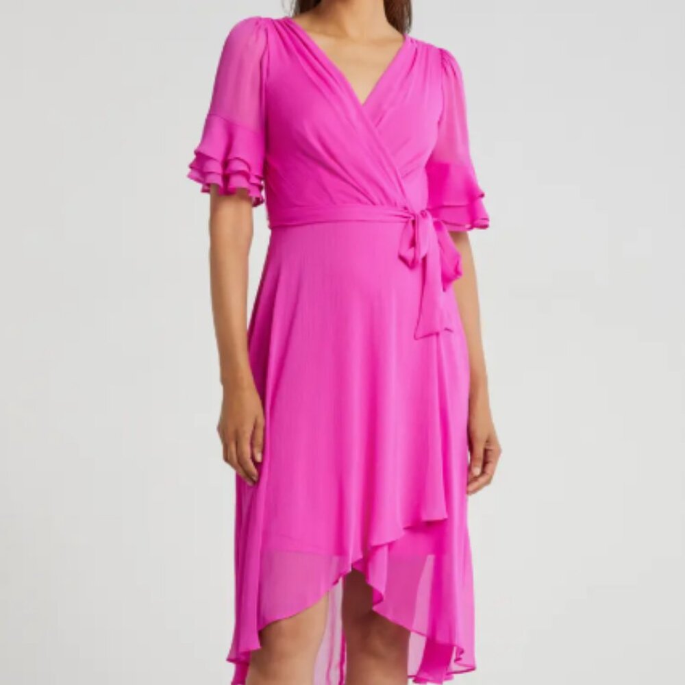 DKNY Ruffle Tie Waist Midi Dress, Raspberry, Size 12